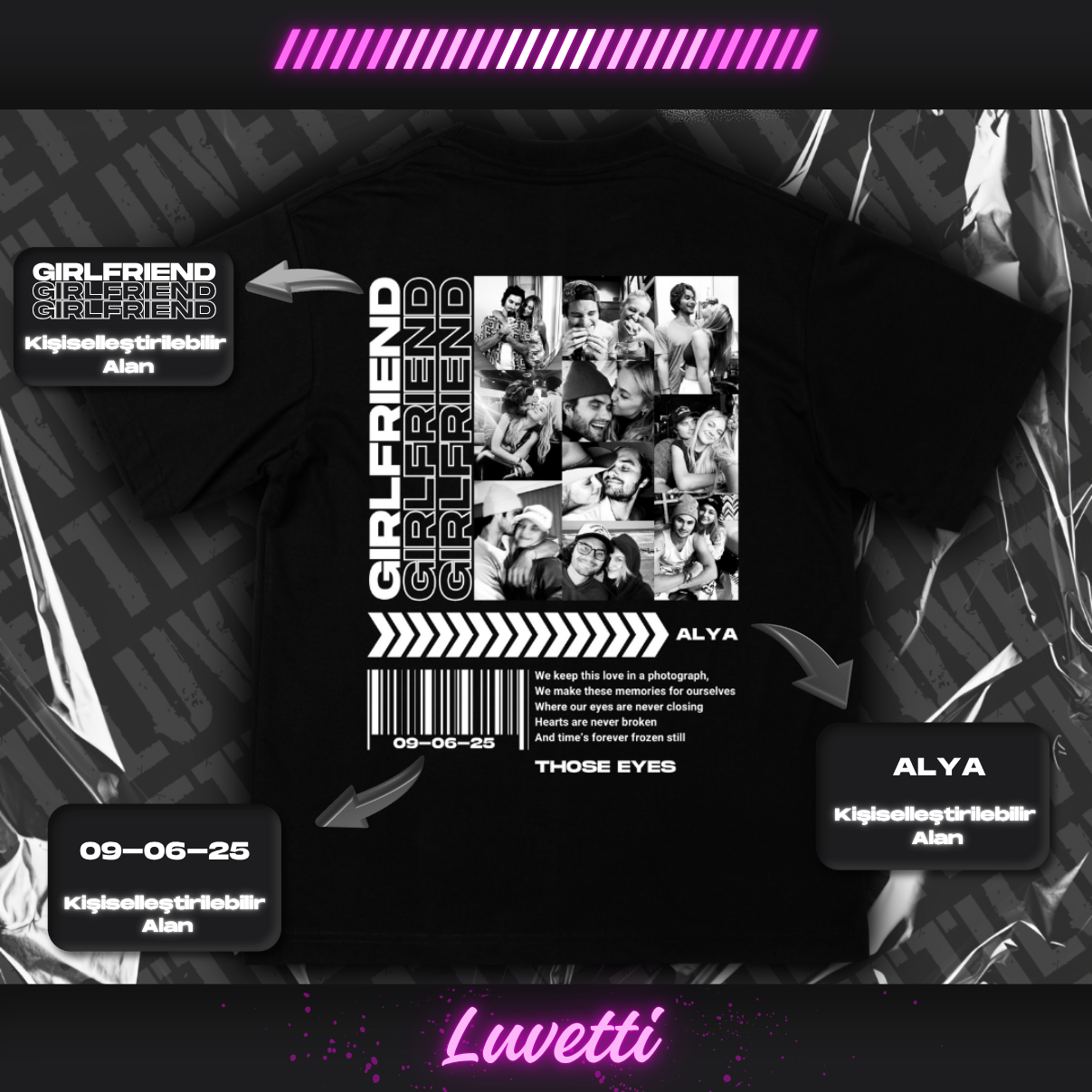 Luvetti™ Boyfriend & Girlfriend >>>>>> Kişiye Özel Tasarım Oversize Siyah T-Shirt